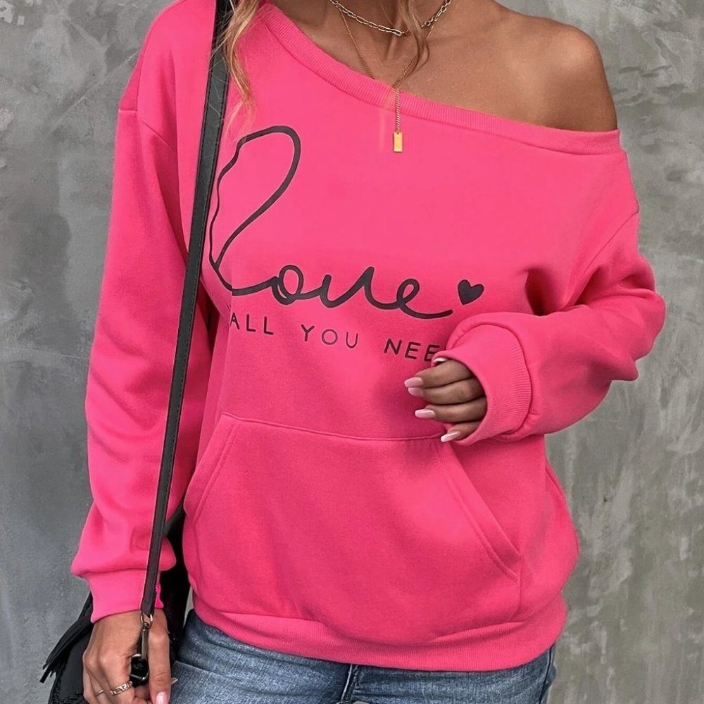 Pink Preppy Womens Heart & Slogan Graphic Kangaroo Pocket Sweatshirt - Picture 3 of 5